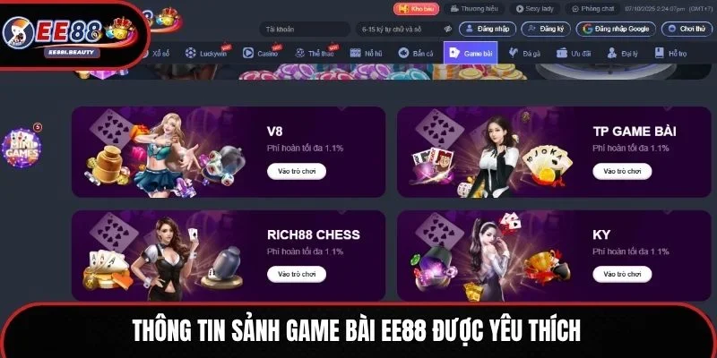 Thông tin sảnh game bài EE88 được yêu thích